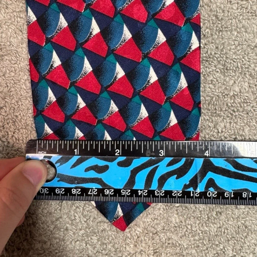 Milano Handmade All Silk Geometric Abstract Mosaic Necktie Red Navy Teal 58in